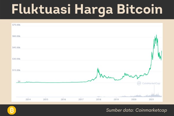 Volatilitas harga bitcoin sejak 2013. Terlihat nilainya naik turun secara drastis.