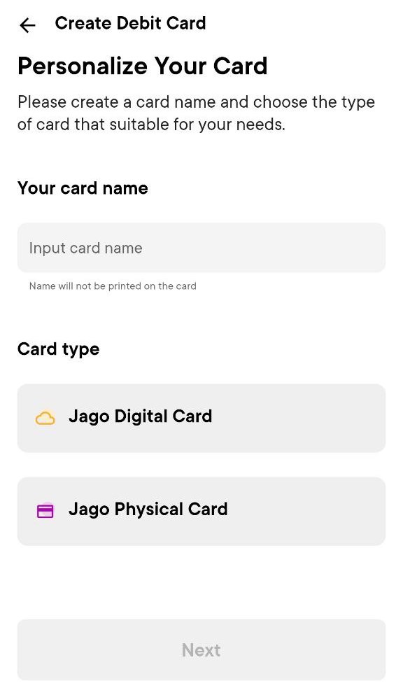 Menu "Personalize Your Card" di aplikasi Bank Jago