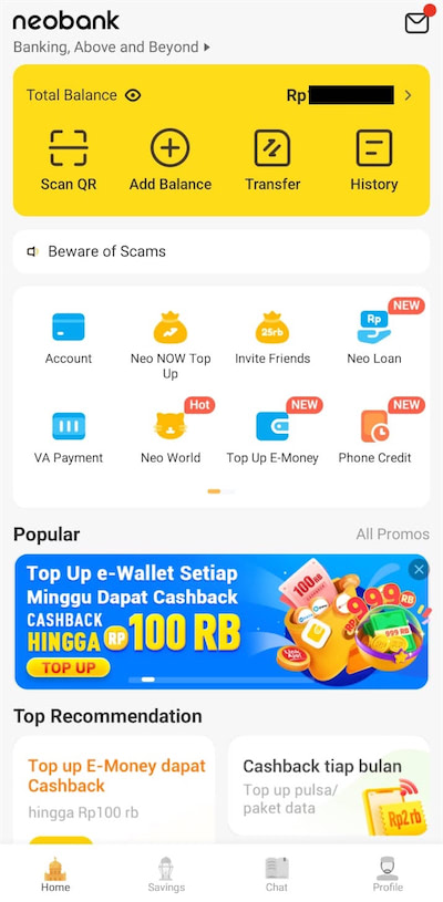 Tampilan UI aplikasi Neobank