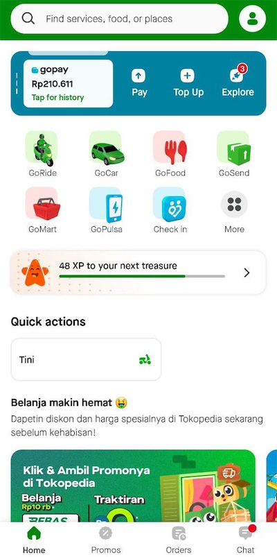 Tampilan antarmuka dari aplikasi Gojek yang berisi berbagai menu