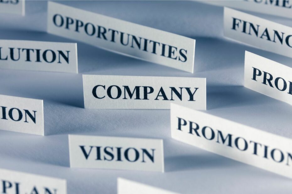 Kertas bertuliskan "company", "vision", "promotion", "opportunities", "finance", dsb.